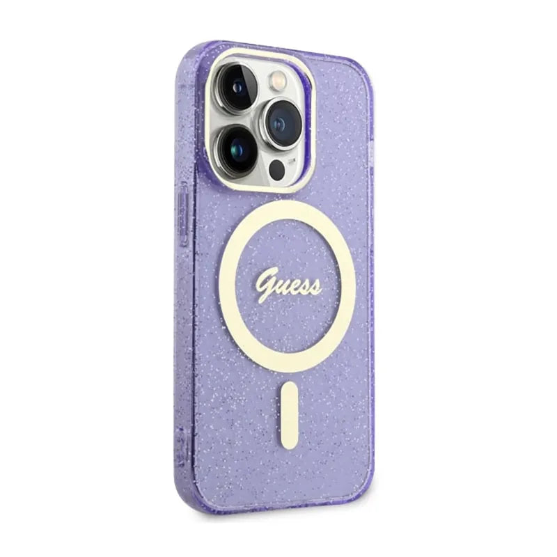 Guess Glitter Gold MagSafe – dėklas iPhone 14 Pro Max (violetinis)