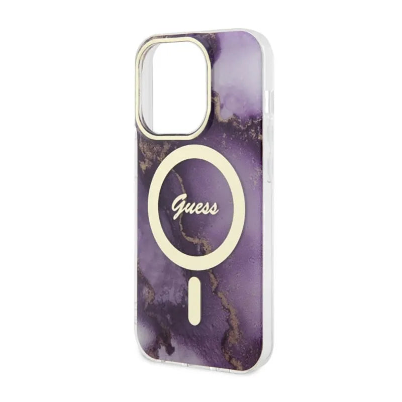 Guess Golden Marble MagSafe – dėklas iPhone 14 Pro (violetinis)