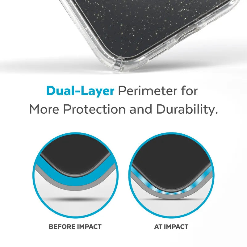 Speck Presidio Perfect-Clear with Glitter + MagSafe – iPhone 15 Plus / 14 Plus dėklas su MICROBAN danga (skaidrus / auksiniai blizgučiai)