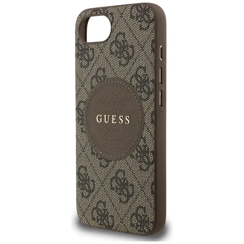 Guess 4G Circle Classic Logo MagSafe dėklas, skirtas iPhone 16e (ruda)