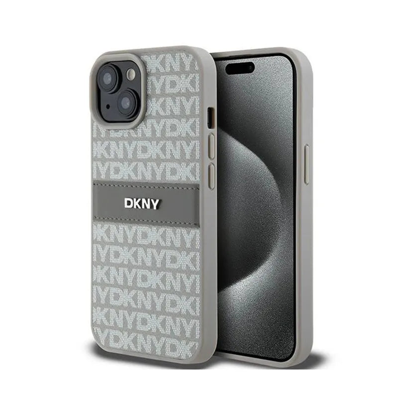 DKNY Leather Mono Stripe & Metal Logo – dėklas iPhone 15 / 14 / 13 (smėlio spalvos)