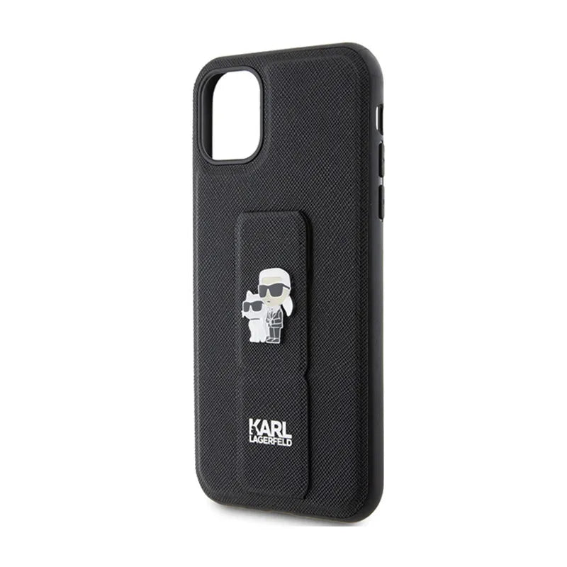 Karl Lagerfeld Gripstand Saffiano Karl & Choupette Pins – dėklas iPhone 11 (juodas)