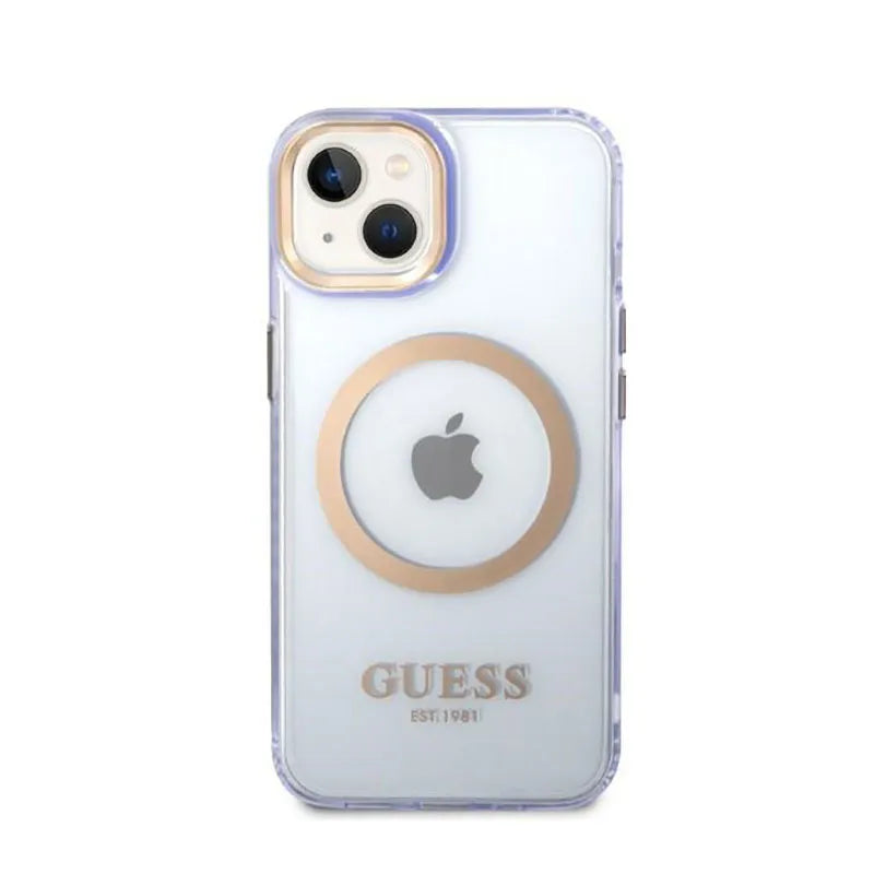 Guess Gold Outline Translucent MagSafe – dėklas iPhone 14 telefonui (violetinis)