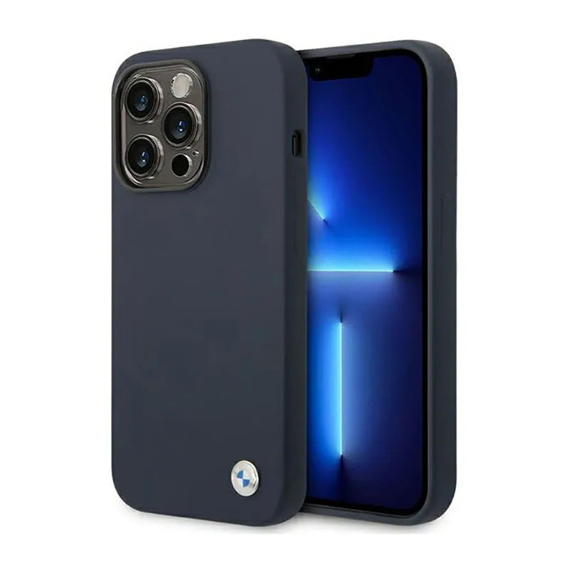 BMW „Liquid Silicone“ dėklas su metaliniu logotipu ir „MagSafe“ palaikymu – dėklas „iPhone 14 Pro Max“ (tamsiai mėlynas)
