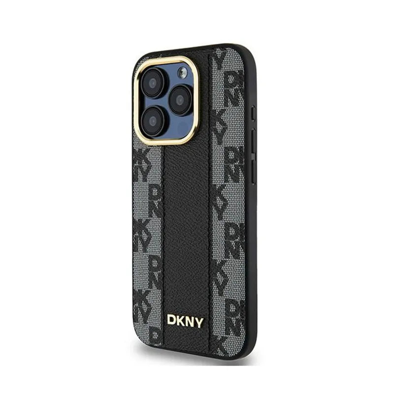 DKNY Leather Checkered Mono Pattern MagSafe – dėklas iPhone 15 Pro telefonui (juodas)