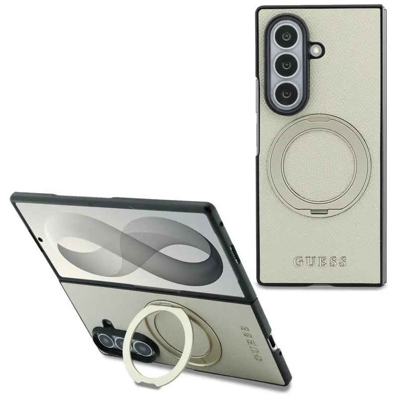 Guess Magnetic Ring Stand Grained Classic Logo MagSafe – „Samsung Galaxy Z Fold 8 Ultra“ dėklas (smėlio spalvos)