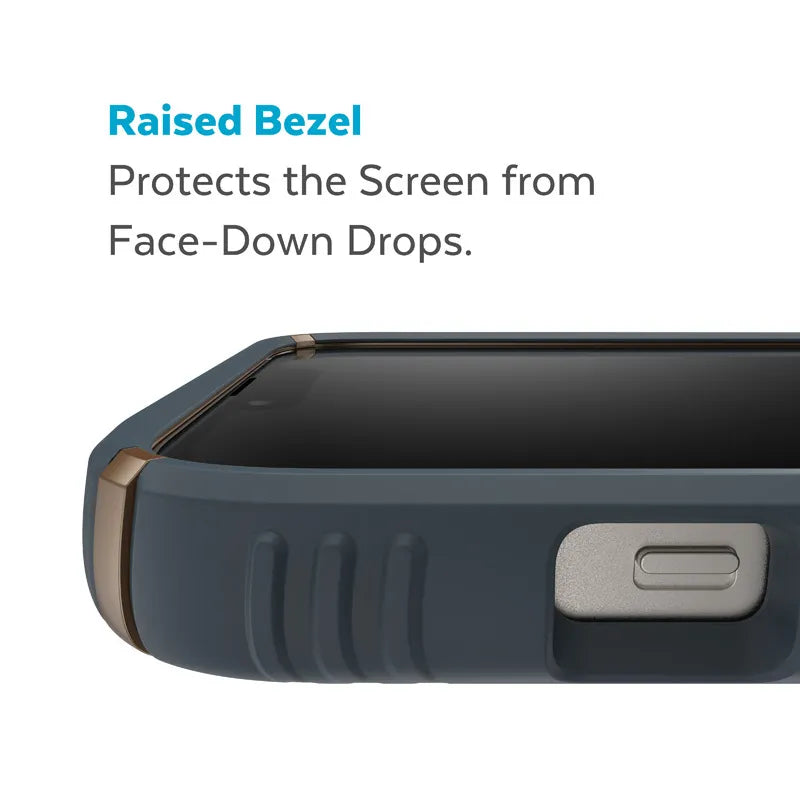 Speck Presidio2 Grip – neslystantis iPhone 15 Plus / 14 Plus dėklas (anglies / vėsios bronzos / skalūno spalvos)