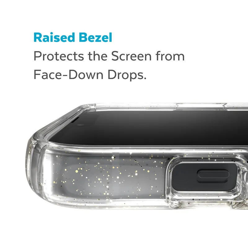 Speck Presidio Perfect-Clear with Glitter + MagSafe – iPhone 15 Plus / 14 Plus dėklas su MICROBAN danga (skaidrus / auksiniai blizgučiai)
