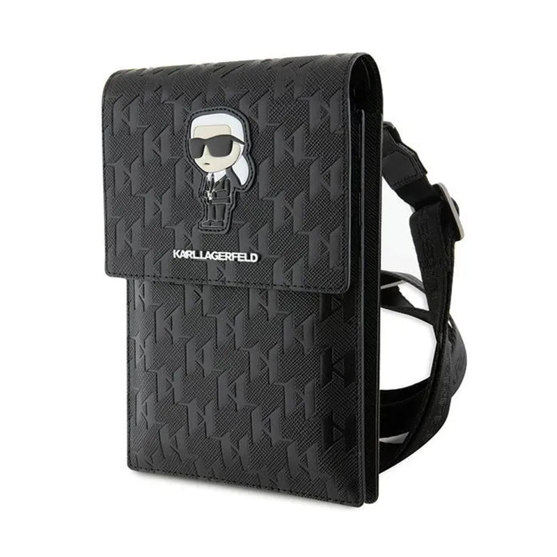 Karl Lagerfeld Saffiano Monogram Ikonik – telefono krepšys per petį (juodas)