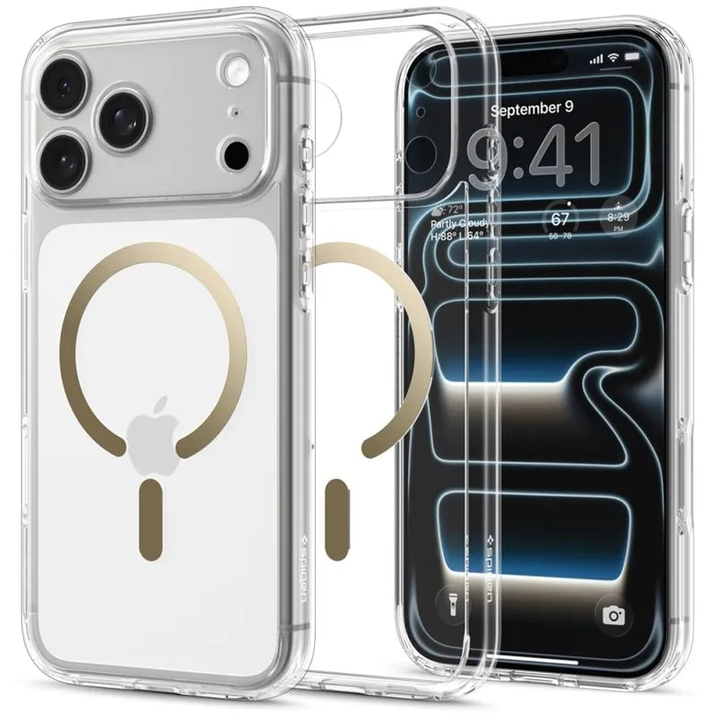 Spigen Ultra Hybrid Mag MagSafe – dėklas, skirtas iPhone 18 Pro Max / 17 Pro Max (skaidrus / auksinis)