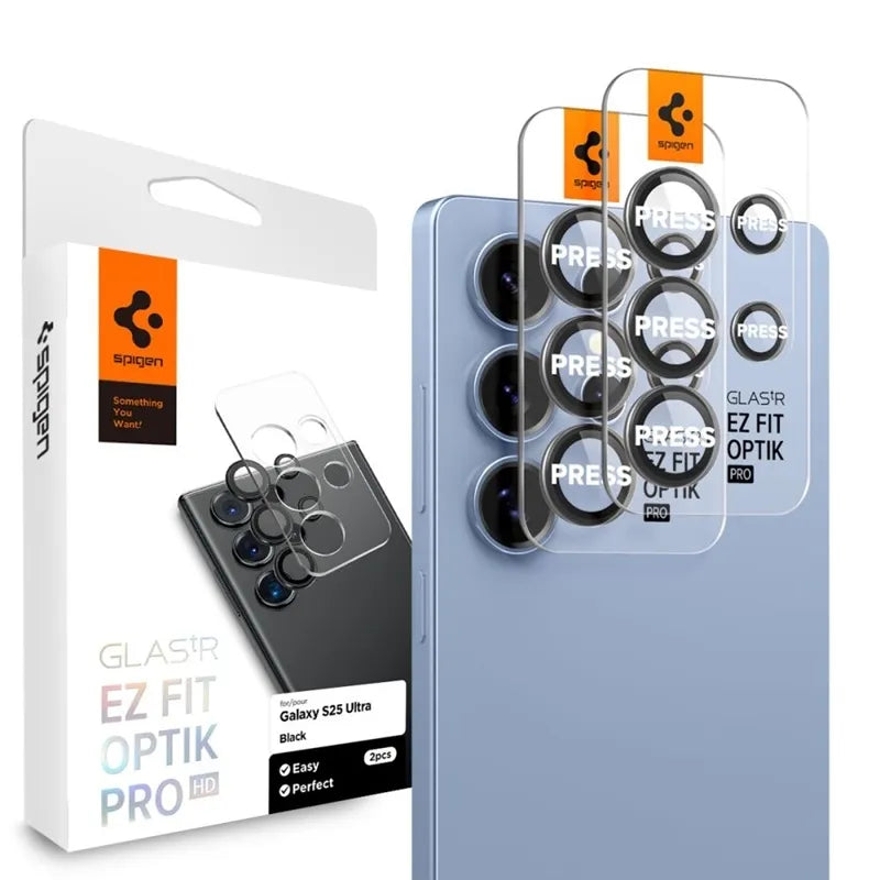 Spigen Optik Pro GLAS.TR EZ Fit fotoaparato apsauginis stikliukas (2 vnt.) – Objektyvo apsauga Samsung Galaxy S25 Ultra (juodas)