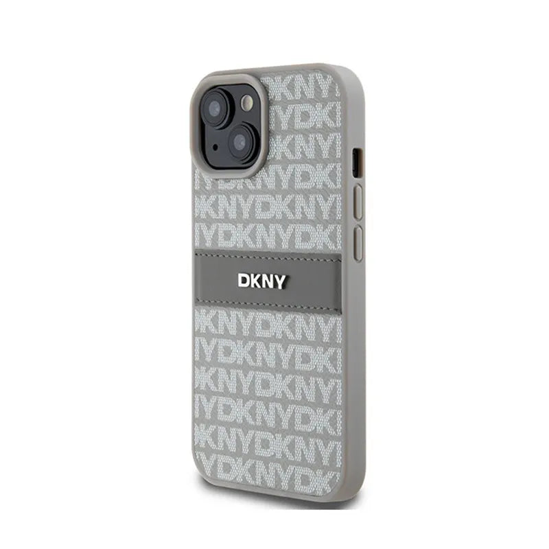DKNY Leather Mono Stripe & Metal Logo – dėklas iPhone 15 / 14 / 13 (smėlio spalvos)