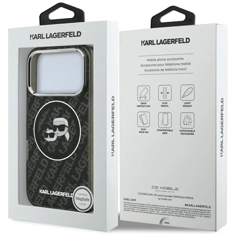 Karl Lagerfeld IML Glitter Karl & Choupette Heads Logo MagSafe – dėklas iPhone 17 Pro (juodas)