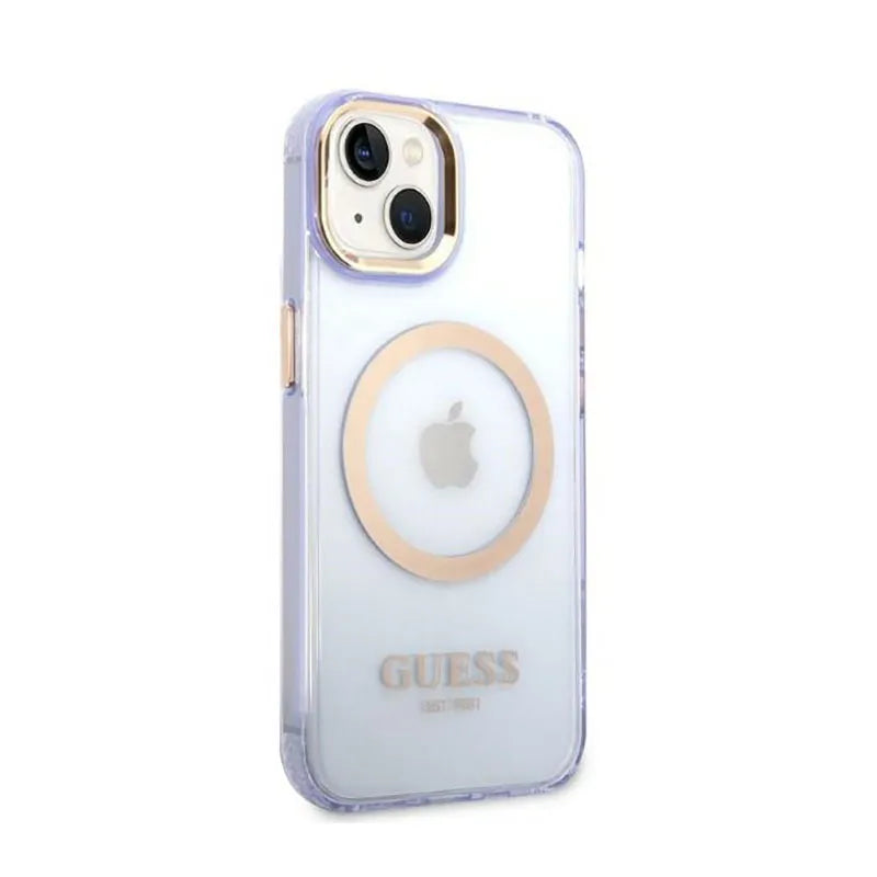 Guess Gold Outline Translucent MagSafe – dėklas iPhone 14 telefonui (violetinis)
