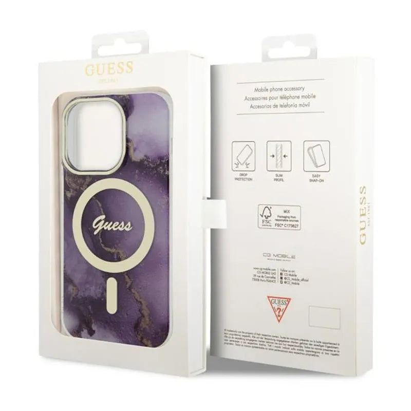 Guess Golden Marble MagSafe – dėklas iPhone 14 Pro (violetinis)