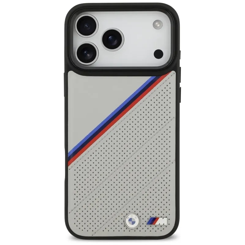 BMW M Tricolor Metal Logo MagSafe – iPhone 17 Pro Max dėklas (pilkas)