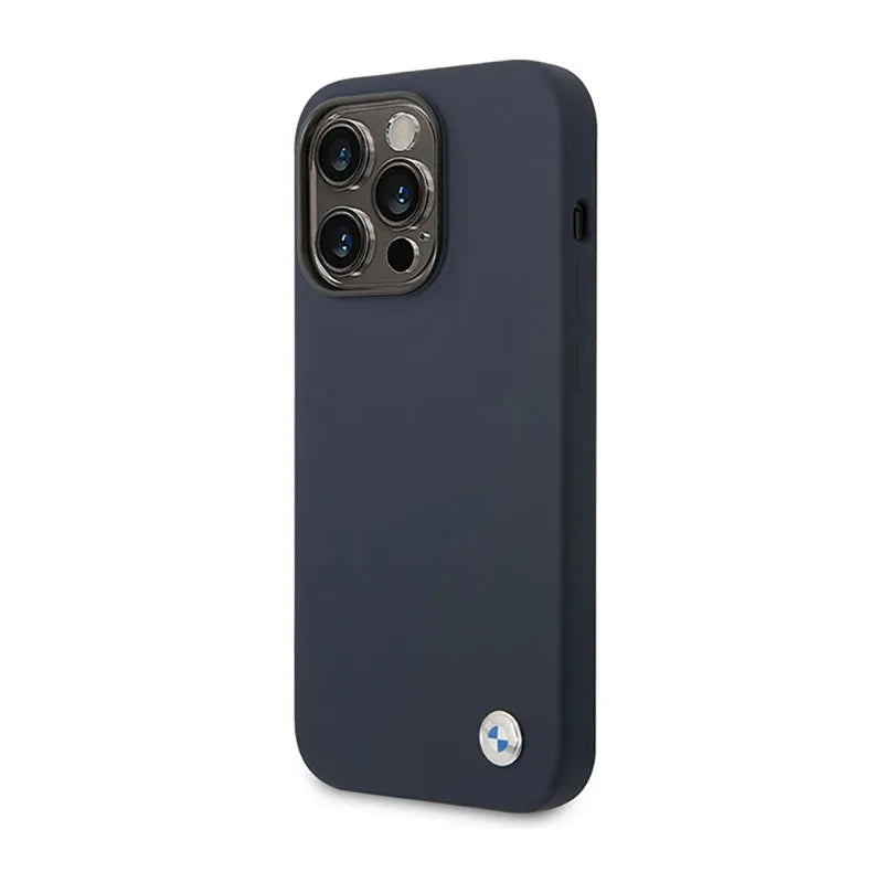 BMW „Liquid Silicone“ dėklas su metaliniu logotipu ir „MagSafe“ palaikymu – dėklas „iPhone 14 Pro Max“ (tamsiai mėlynas)