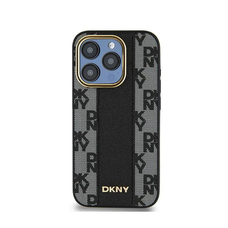 DKNY Leather Checkered Mono Pattern MagSafe – dėklas iPhone 15 Pro telefonui (juodas)