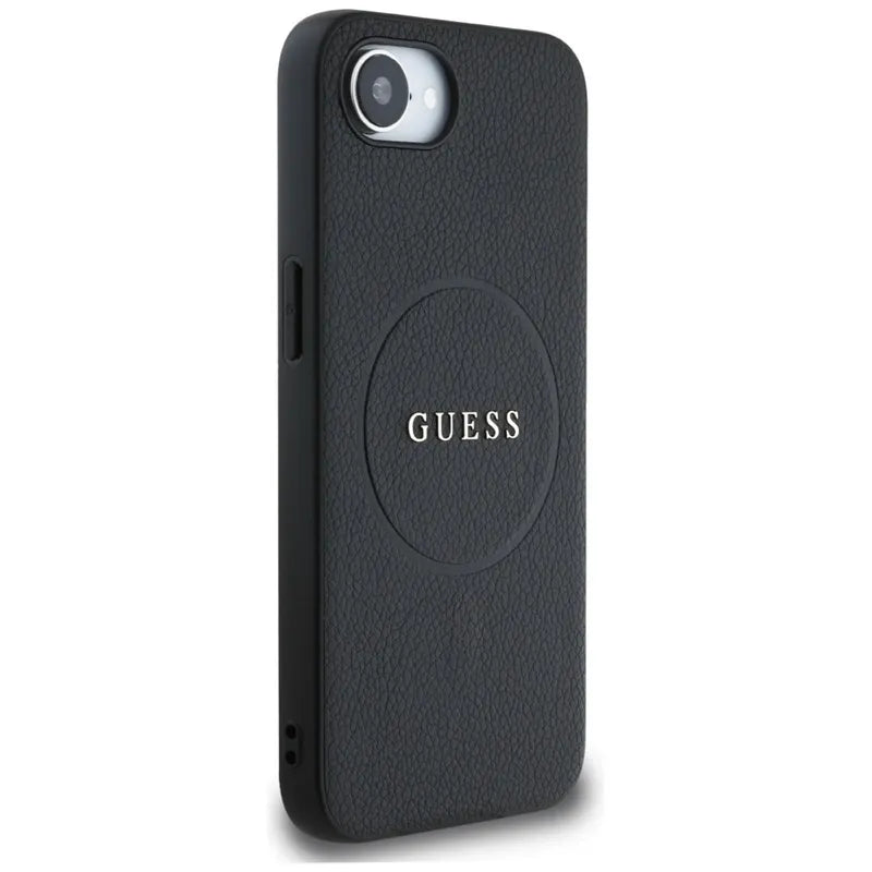 Guess Grained Ring MagSafe – dėklas iPhone 16e (juodas)