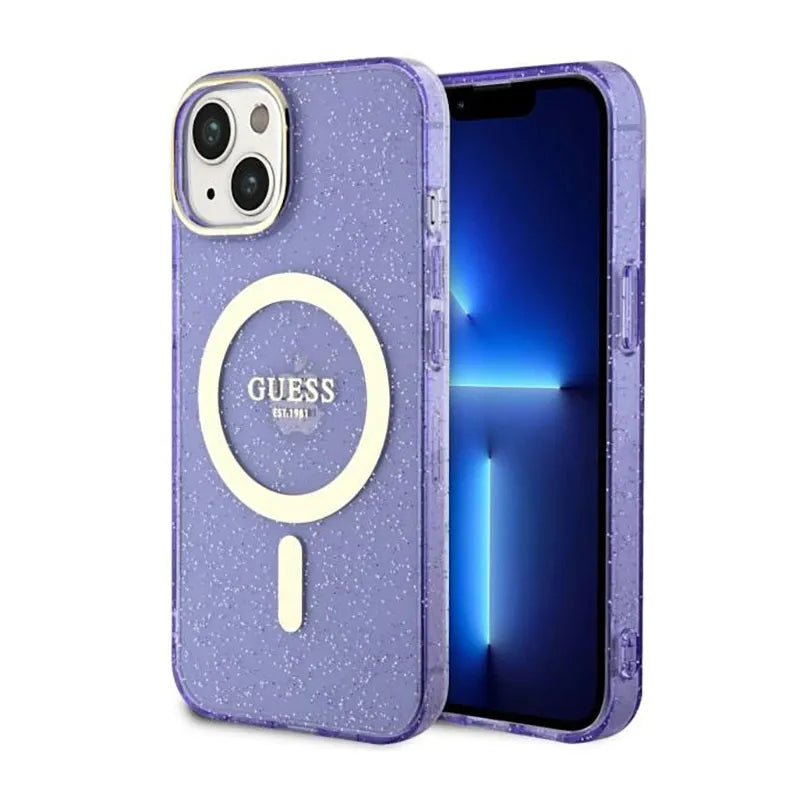 Guess Glitter Gold MagSafe – dėklas iPhone 14 Plus (violetinis)