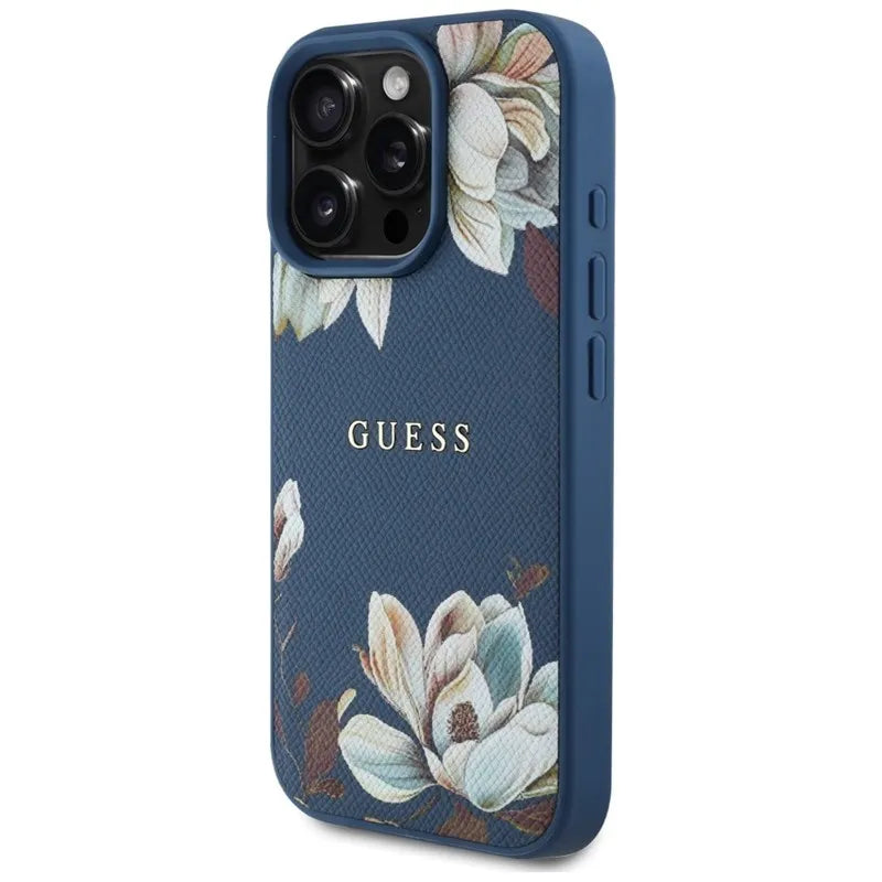 Guess Grained Printed Flower Pattern MagSafe – dėklas iPhone 16 Pro (mėlynas)