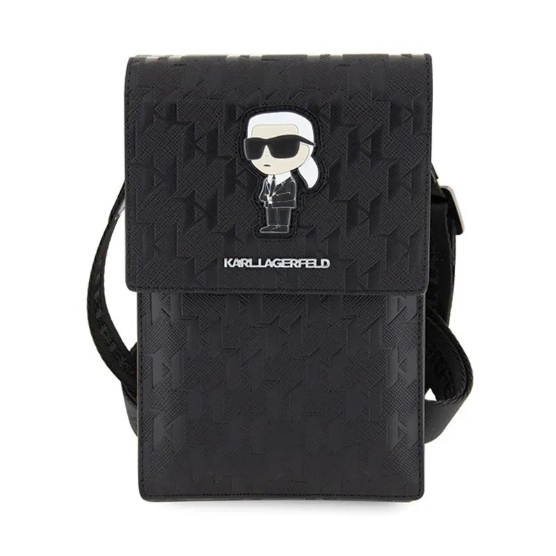 Karl Lagerfeld Saffiano Monogram Ikonik – telefono krepšys per petį (juodas)