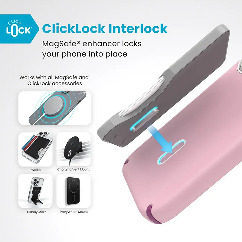 Speck Presidio2 Pro ClickLock & MagSafe – iPhone 16 Pro dėklas (Wednesday Pink / Boysenberry Purple / White)