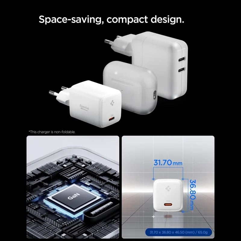 Spigen EE451EU Essential GaN Pro – USB-C PD PPS 45W sieninis įkroviklis + 1 m USB-C laidas (baltas)