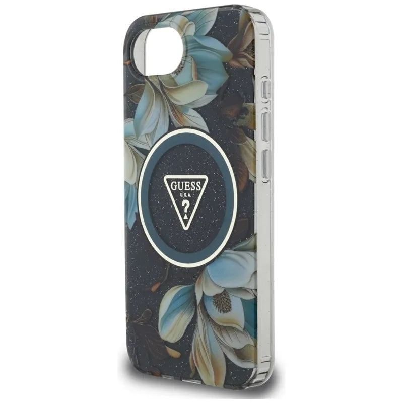 Guess IML Metal Glitter Flowers Triangle MagSafe – dėklas iPhone 16e (juodas)