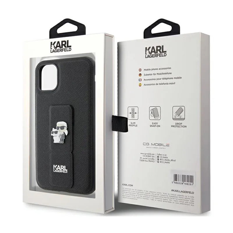Karl Lagerfeld Gripstand Saffiano Karl & Choupette Pins – dėklas iPhone 11 (juodas)