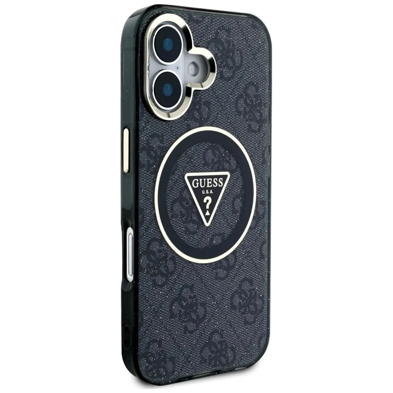 Guess IML Metal Glitter 4G Circle Triangle MagSafe – dėklas iPhone 16 (juodas)