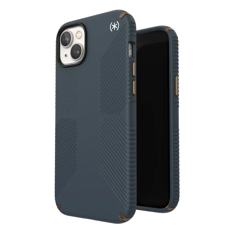 Speck Presidio2 Grip – neslystantis iPhone 15 Plus / 14 Plus dėklas (anglies / vėsios bronzos / skalūno spalvos)