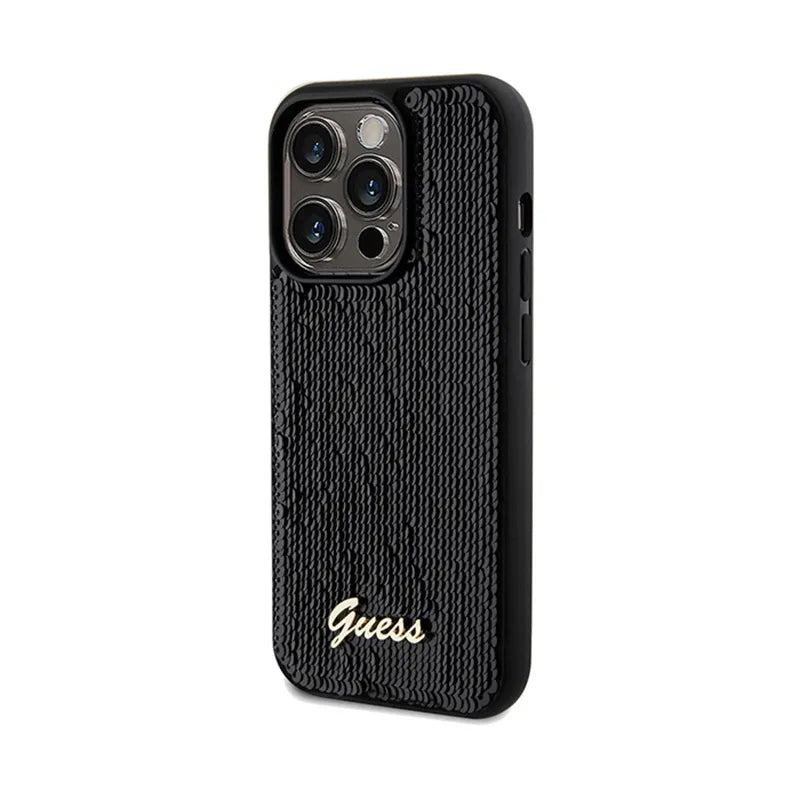 Guess Sequin Script Metal - Dėklas, skirtas iPhone 14 Pro (juodas)