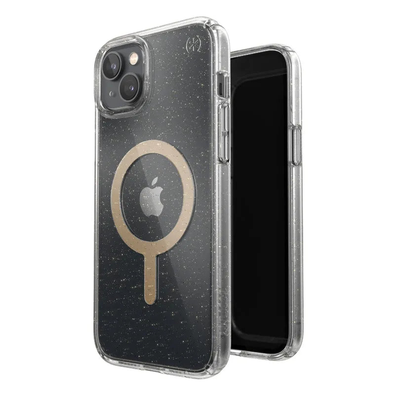 Speck Presidio Perfect-Clear with Glitter + MagSafe – iPhone 15 Plus / 14 Plus dėklas su MICROBAN danga (skaidrus / auksiniai blizgučiai)