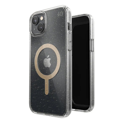 Speck Presidio Perfect-Clear with Glitter + MagSafe – iPhone 15 Plus / 14 Plus dėklas su MICROBAN danga (skaidrus / auksiniai blizgučiai)