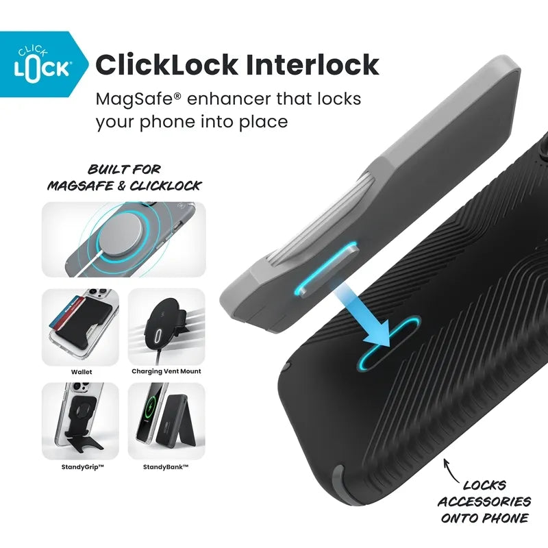 Speck Presidio2 Grip ClickLock & MagSafe – iPhone 17 dėklas (juodas / pilkas / baltas)