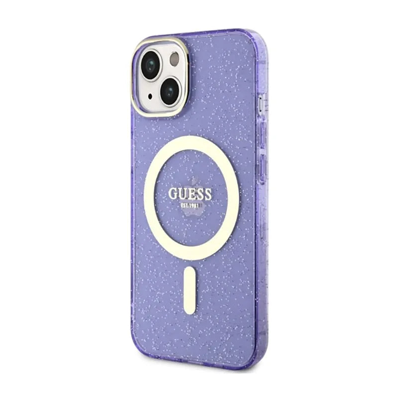 Guess Glitter Gold MagSafe – dėklas iPhone 14 Plus (violetinis)