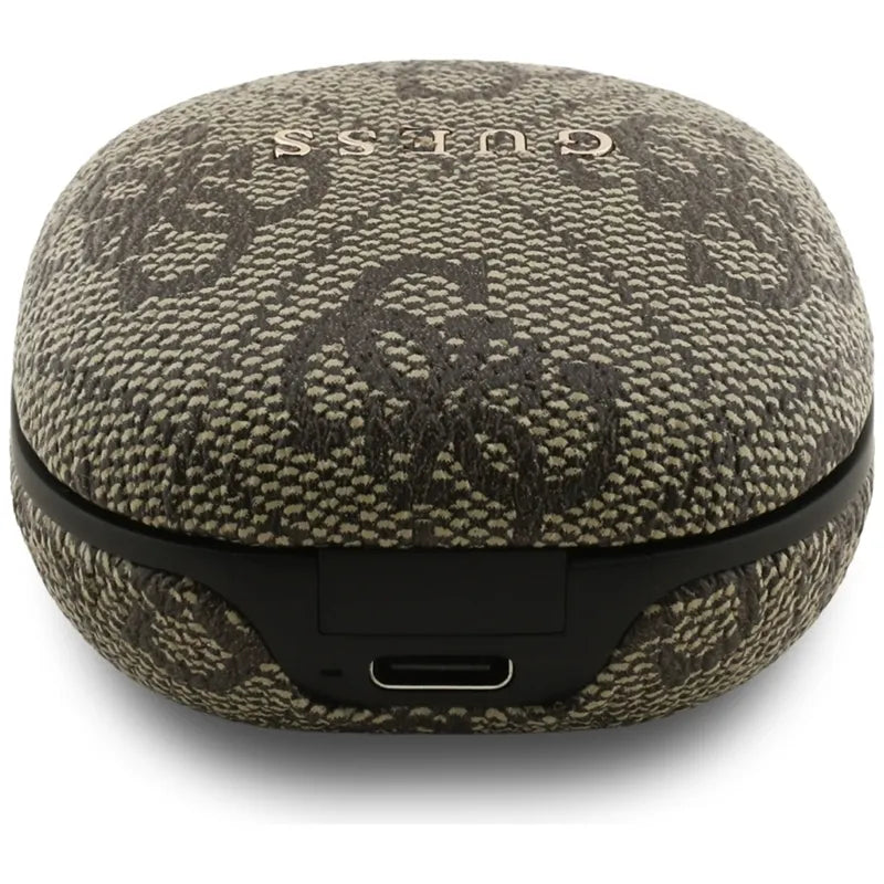 Guess 4G Classic Metal Logo – „Bluetooth“ TWS ENC ausinės + įkrovimo dėklas (rudos spalvos)
