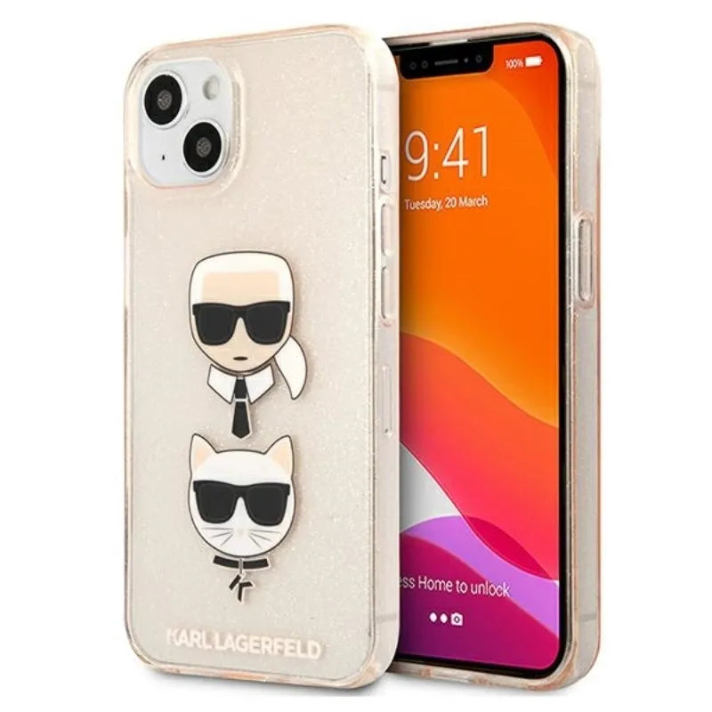 Karl Lagerfeld Glitter Karl & Choupette Head - dėklas, skirtas iPhone 13 mini (auksinis)
