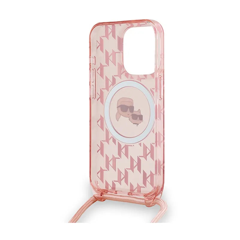 Karl Lagerfeld IML Crossbody Monogram Karl & Choupette Head MagSafe – dėklas iPhone 15 Pro (rožinis)