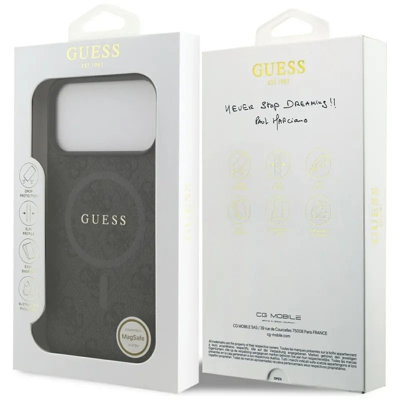 Guess 4G Ring Classic Logo MagSafe dėklas iPhone 17 Pro Max (juodas)