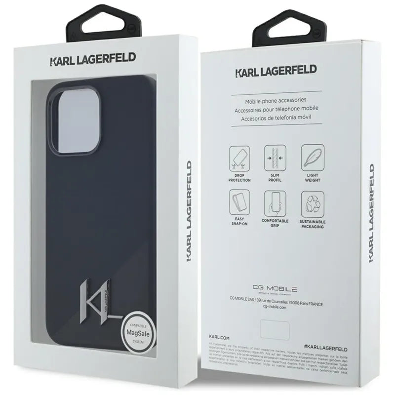 Karl Lagerfeld Silicone Shadow Metal Initial MagSafe – dėklas, skirtas iPhone 15 Pro (juodas)