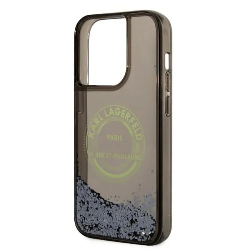 Karl Lagerfeld Liquid Glitter Round RSG Logo dėklas – dėklas skirtas iPhone 14 Pro (juodas)