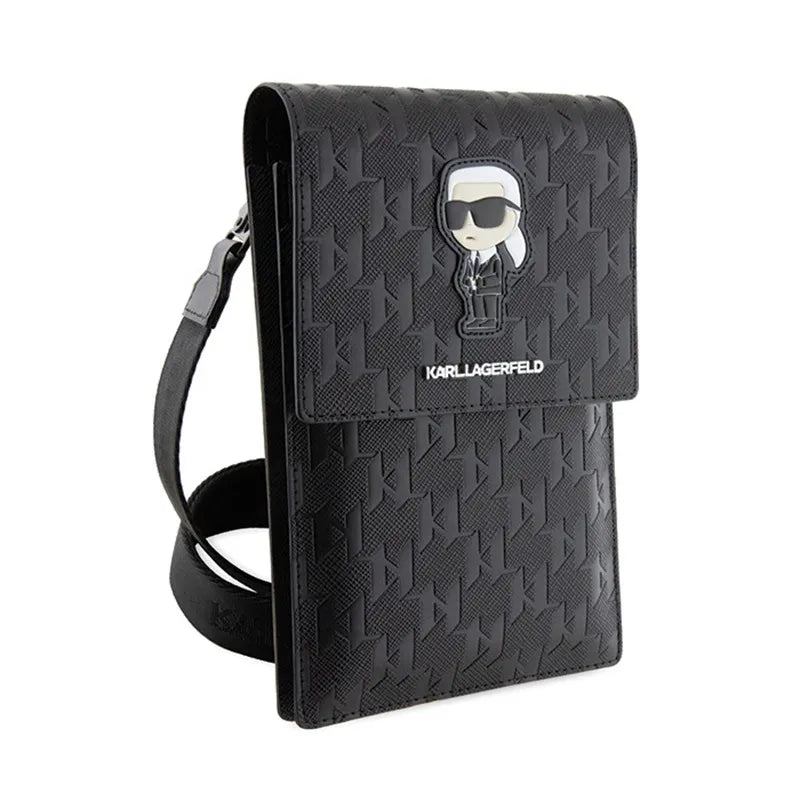 Karl Lagerfeld Saffiano Monogram Ikonik – telefono krepšys per petį (juodas)