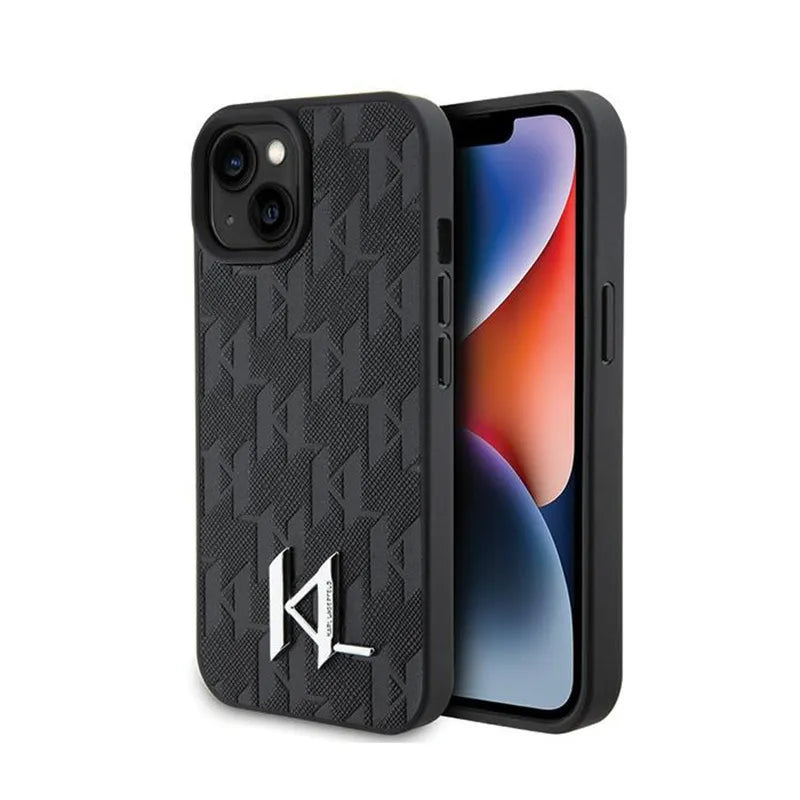 Karl Lagerfeld Leather Monogram Hot Stamp Metal Logo – dėklas iPhone 15 telefonui (juodas)