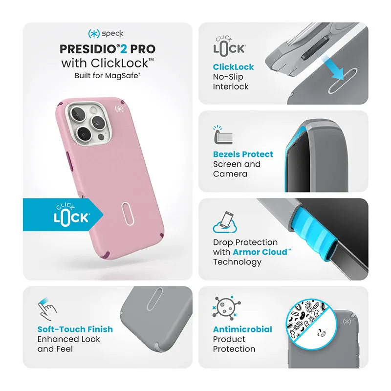 Speck Presidio2 Pro ClickLock & MagSafe – iPhone 16 Pro dėklas (Wednesday Pink / Boysenberry Purple / White)