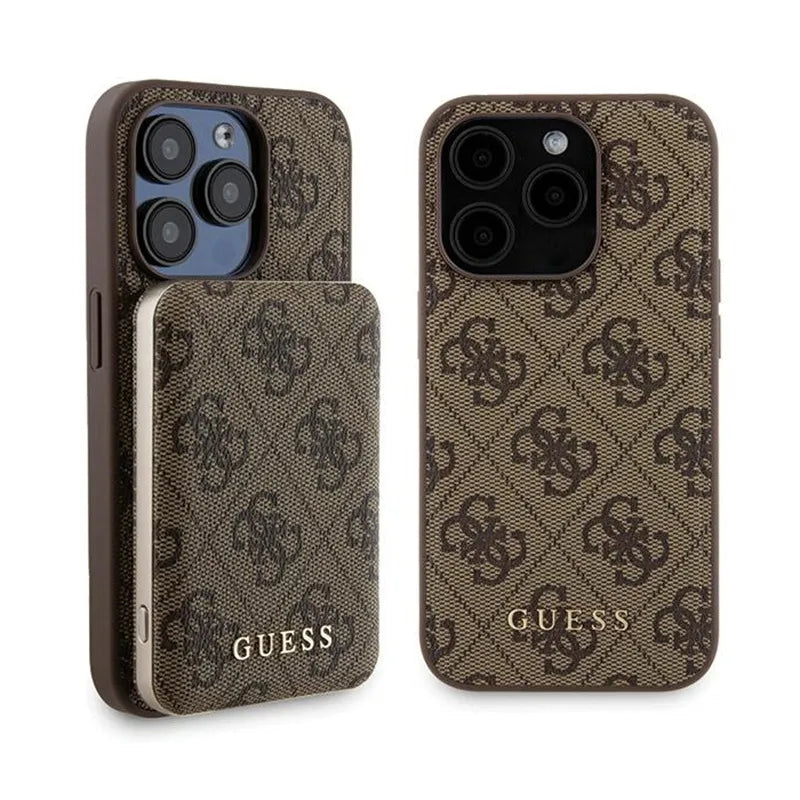 Guess rinkinys MagSafe 4G Metal Gold Logo – dėklas + 5000mAh MagSafe išorinis akumuliatorius, skirtas iPhone 15 Pro (rudas)