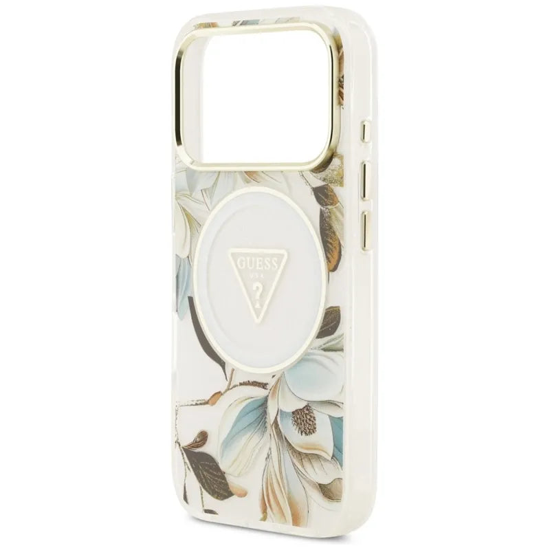 Guess IML Glitter Flowers Triangle MagSafe – dėklas iPhone 17 Pro (baltas)