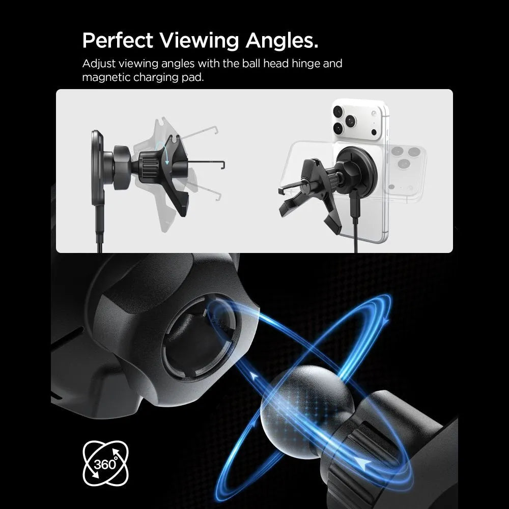 Spigen EV15MAQ Essential – MagSafe 15W Qi2 automobilinis laikiklis į ventiliacijos groteles (juodas)