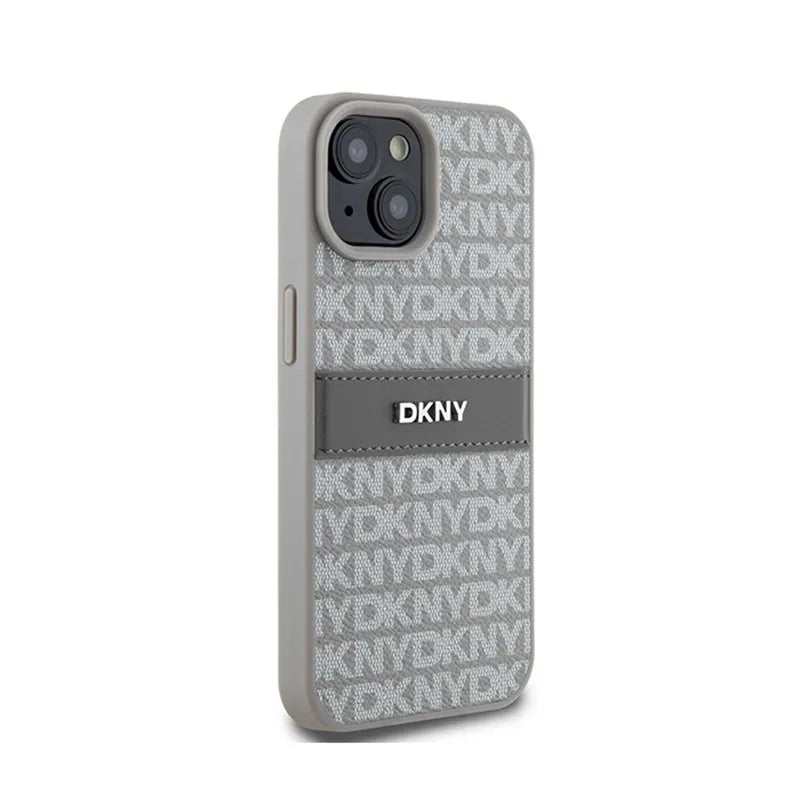 DKNY Leather Mono Stripe & Metal Logo – dėklas iPhone 15 / 14 / 13 (smėlio spalvos)